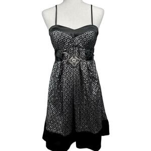 Vintage Y2K Grey Silver Metallic Belted MIDI Dress Goth Grunge Size M